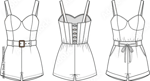 Technical fashion flat sketch set of women's rompers with sweetheart neckline, bustier bodice, belt, button front and drawstring waist, vector illustration