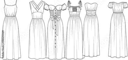 Technical fashion flat sketches of six women’s dresses with varied necklines, sleeve styles, waist details and garment construction elements