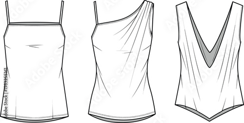 Technical fashion flat sketches of women’s sleeveless tops with camisole neckline, asymmetrical one-shoulder draped design and deep V-neckline style