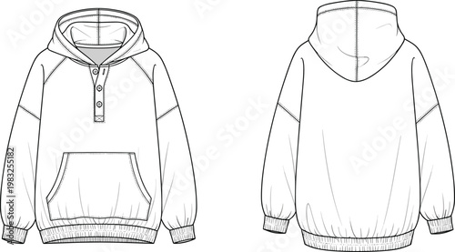Technical fashion illustration of hooded sweatshirt front and back views with drawstring hood, button placket, raglan sleeves, kangaroo pocket, and ribbed cuffs