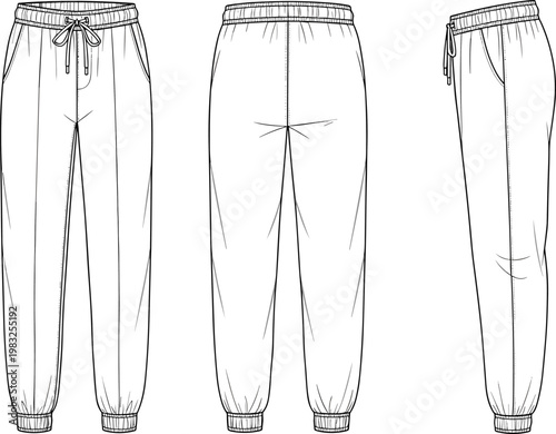 Technical fashion illustration of jogger pants front, back, and side views with elastic waistband, drawstring, pockets, and cuffed ankles