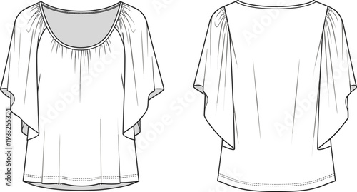 Technical fashion illustration of women’s flutter sleeve scoop neck top with draped silhouette, front and back views, garment construction details