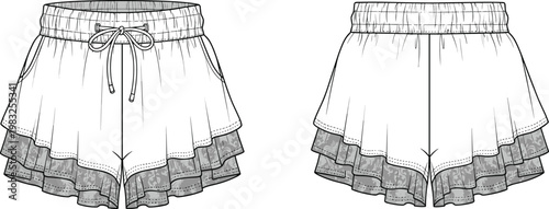 Technical fashion illustration of women’s layered ruffle shorts front and back views with elastic waistband, drawstring tie, and side pockets