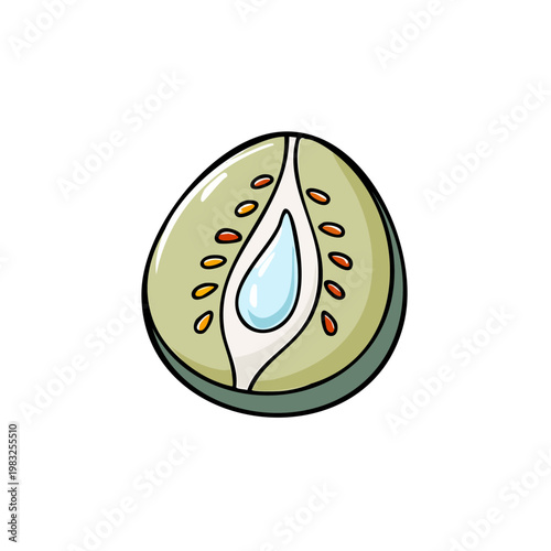 Stylized cross-section of a kiwi fruit revealing juicy pulp and seeds with a vibrant, fresh feel.