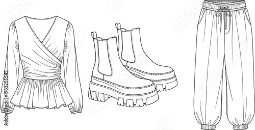 Women Fashion Outfit Technical Flat Sketch Vector Template Featuring Wrap Peplum Blouse Chunky Chelsea Boots and Elastic Jogger Pants