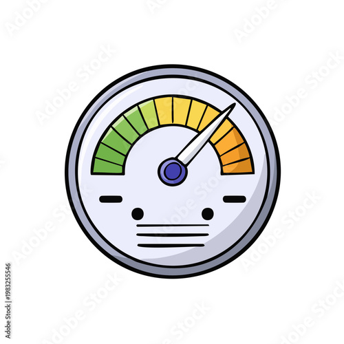 Circular gauge dial with needle indicating speed or performance with color coded segments