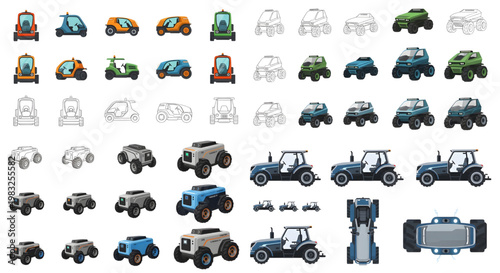 Modern smart farming vehicles vector: autonomous robots, electric tractors, UTV, top view, A set of modern, autonomous agricultural vehicles and robots, including tractors, UTVs, and specialized farm 