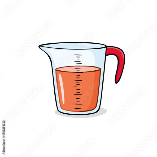 Clear glass measuring cup with red handle filled with orange liquid and measurement markings