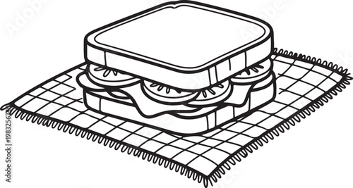 Simple black and white line art illustration depicting a classic sandwich with visible ingredients, artfully placed on a checkered napkin,