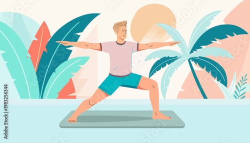 Man practices yoga on a mat in a tropical environment with palm trees