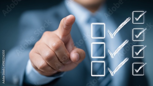 A person interacts with a digital interface displaying checklist.