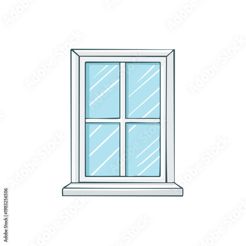 Simple drawing of a white window frame with blue glass panels and a sill