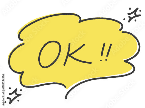 OK！英語の手書き文字のメッセージと黄色のカラフルな吹き出しとキラキラ模様