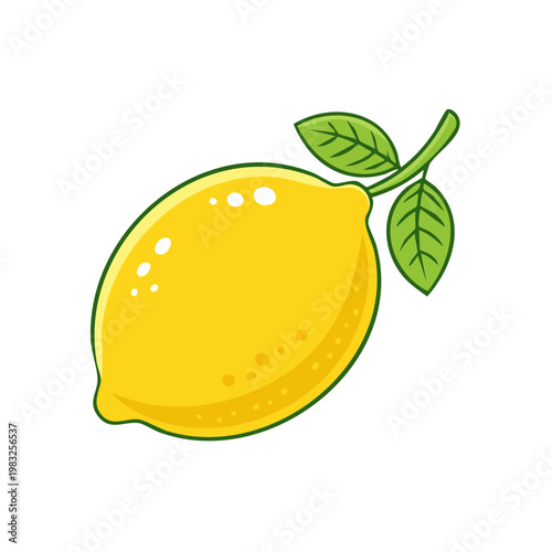 Bright yellow lemon with green leaves on a simple stem a healthy organic citrus fruit illustration