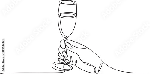 Continuous line art illustration depicting a graceful hand delicately grasping a sparkling wine glass, embodying elegance, celebration, and refined taste with minimalist design