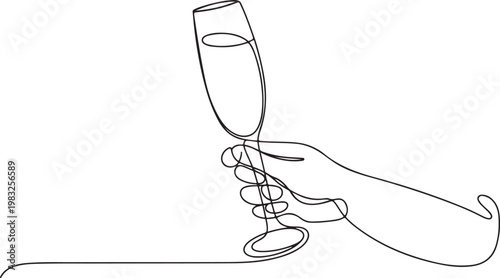 A Minimalist Continuous Line Drawing of a Hand Holding a Champagne Flute, Perfect for Celebrations and Toasting Occasions