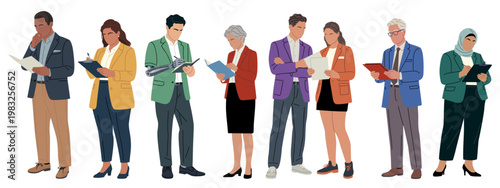 Illustration shows diverse professionals reading documents. People stand side-by-side, focused, engaged, thoughtful. Varying ages, genders, and outfits suggest inclusive workplace