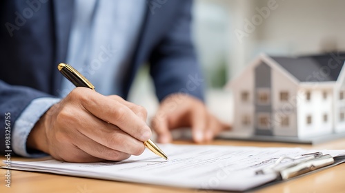 Person signing document with house model and digital display nearby indoors
