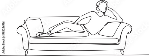 Continuous line art illustration of a relaxed person comfortably lounging on a stylish sofa, embodying tranquility and home comfort for leisure time