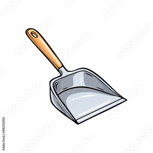 Simple illustration of a dustpan with a wooden handle on a white background