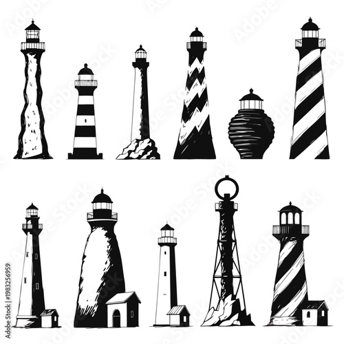 Coastal Sentinels: A collection of various lighthouse illustrations, each a beacon of maritime guidance, standing tall against the vast expanse of the sea. 