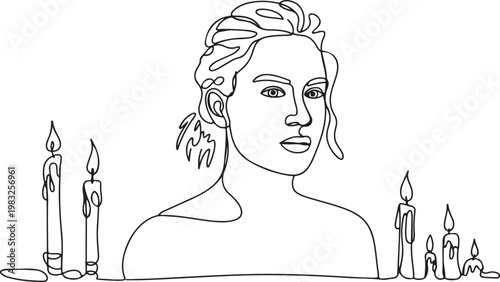 Continuous line art portrait of a woman surrounded by flickering candles, evoking a serene and introspective mood in a minimalist design