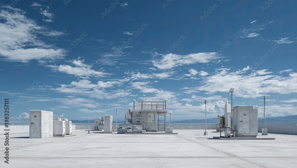 Obraz premium White concrete structures and platforms on a flat roof under a cloudy blue sky