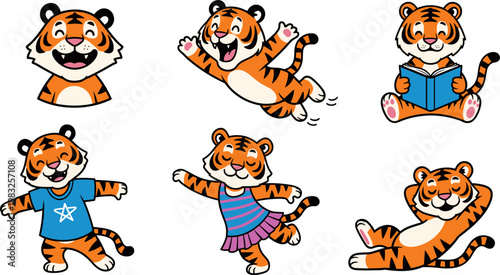 Εκτύπωση καμβά Set of 6 Cute and Colorful Tiger Mascot Vector Illustrations in Different Poses,