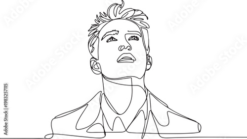 Continuous line drawing of a young man looking up with a hopeful expression on his face, minimalist sketch of a person's head and shoulders in profile