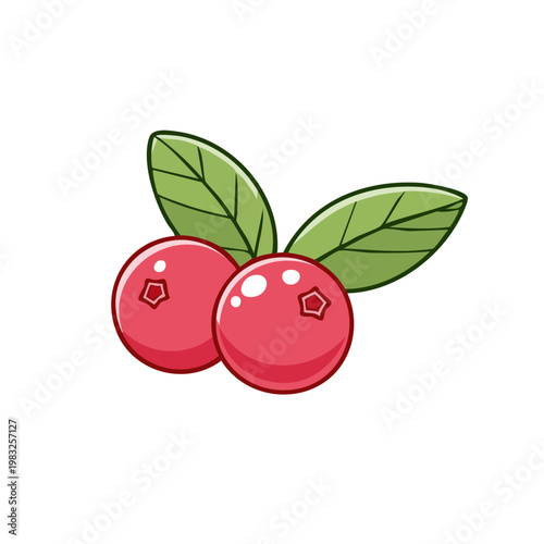 Illustration of two ripe red cranberries with green leaves isolated on white