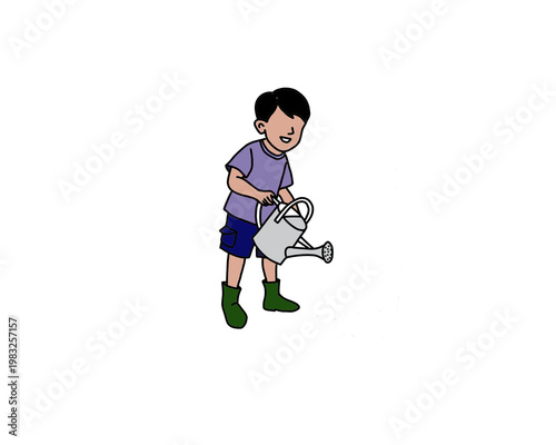 Children's illustration of a boy with a watering can, a flourishing tomato tree with red tomatoes, green grass, and gardening boots.