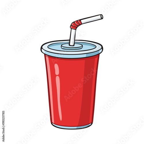 Vibrant Red Disposable Cup with Striped Straw for Cold Beverages Refreshment