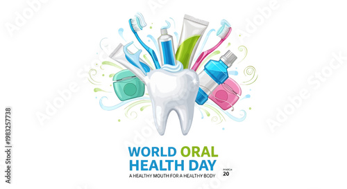 Tooth with colorful toothbrushes around it.