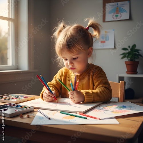 Child drawing with colored pencils at table