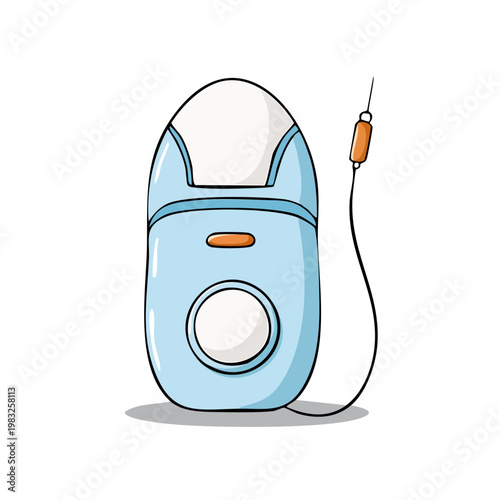 Cute cartoon illustration of a small blue handheld electric epilator with a cable