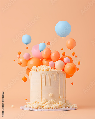 Colorful 3 d bubbles floating above a glass with confetti