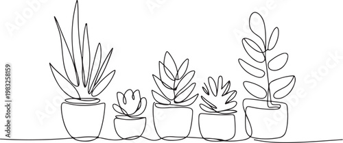 Minimalist continuous line art illustration of various potted houseplants, symbolizing growth and domestic tranquility