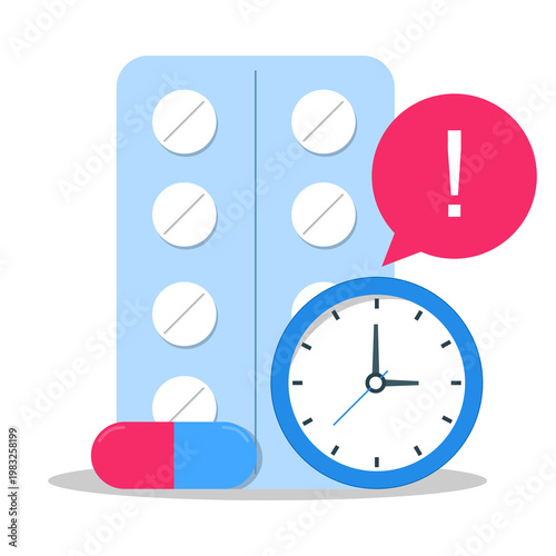 Medicine Pills Time Reminder Concept Illustration with Blister Pack, Clock, and Warning Alert Icon, Flat Vector Representing Medication Schedule, Health Care Management, and Pharmacy Prescription.