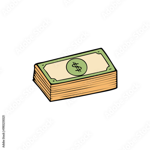 Cartoon illustration of a stack of US dollar bills with a dollar sign on the top bill