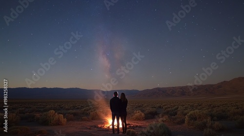 Couple standing near campfire under starry night sky