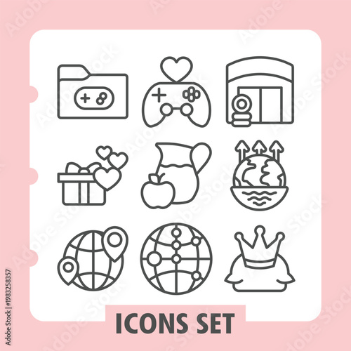 Games folder, giftbox, globe minimalist icons set featuring food, travel and rewards items in outline style for apps and print on white background. Vector graphics. Set of nine line icons.