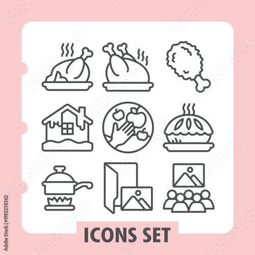 Grilled chicken, house, bowl simple icons set depicting household, cooking, travel items in outline style for apps and print on white background. Vector graphics. Set of nine line icons.