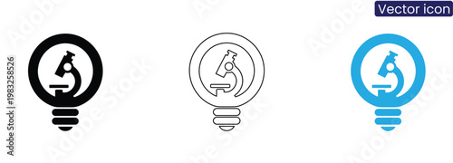 Vector icons of microscope inside light bulb on white background, symbolizing ideas and research, available in black, line art, and blue