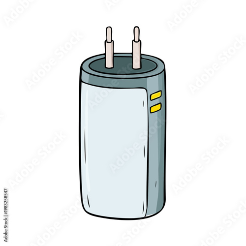 Stylized illustration of an electronic capacitor with two protruding pins on a plain background