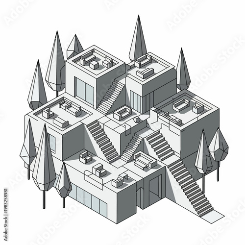 Isometric illustration of modern interconnected office building.