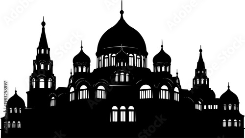 Black silhouette of a large building with domes and towers on a isolated on white background
