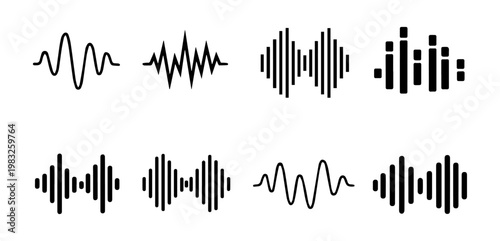 Collection of Minimalist Black Sound Waveform Icons Representing Audio Signals and Voice Activity for Music, Podcast, and Media Design Projects