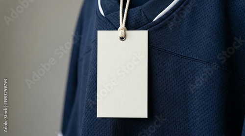 Blank hang tag on navy blue sports apparel detail
