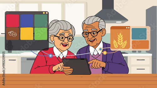 Elderly couple using a tablet in a modern kitchen, looking at agricultural data and charts on screens.