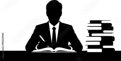 Businessman writing in a book at a desk with stacked books beside him in a minimalist flat black silhouette style isolated on white background
